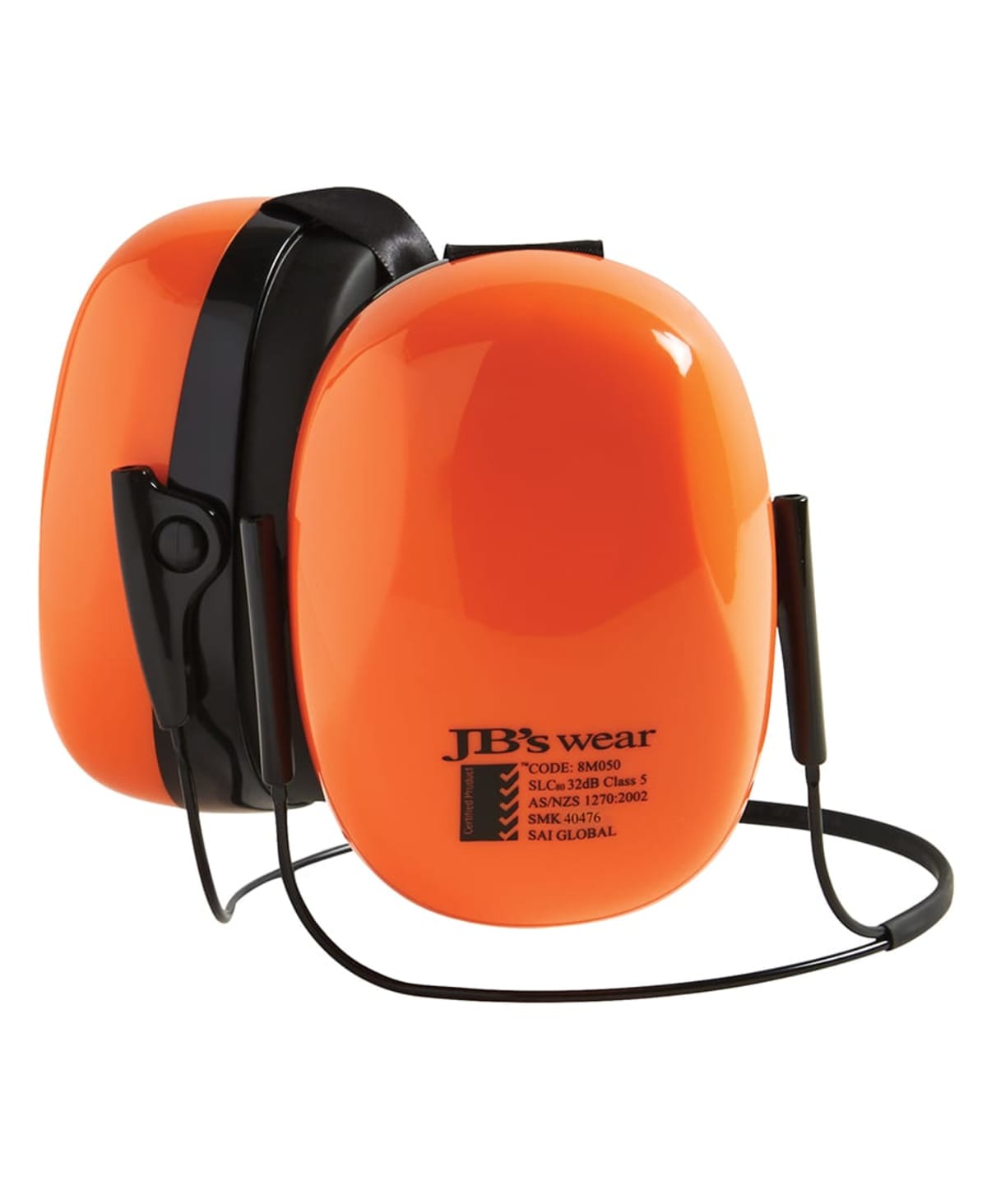 Orange and black over-ear hearing protection earmuffs with a neckband.
