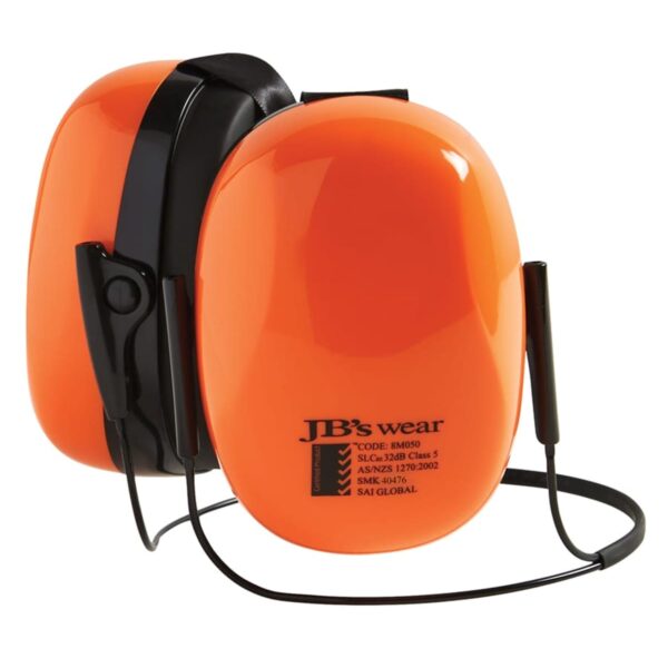 Orange and black earmuffs with a black headband, labeled JBs wear on the side.