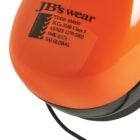Close-up of orange JBs Wear earmuff with certification details printed on the surface.