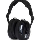 Black over-ear hearing protection earmuffs with cushioned headband, standing upright.