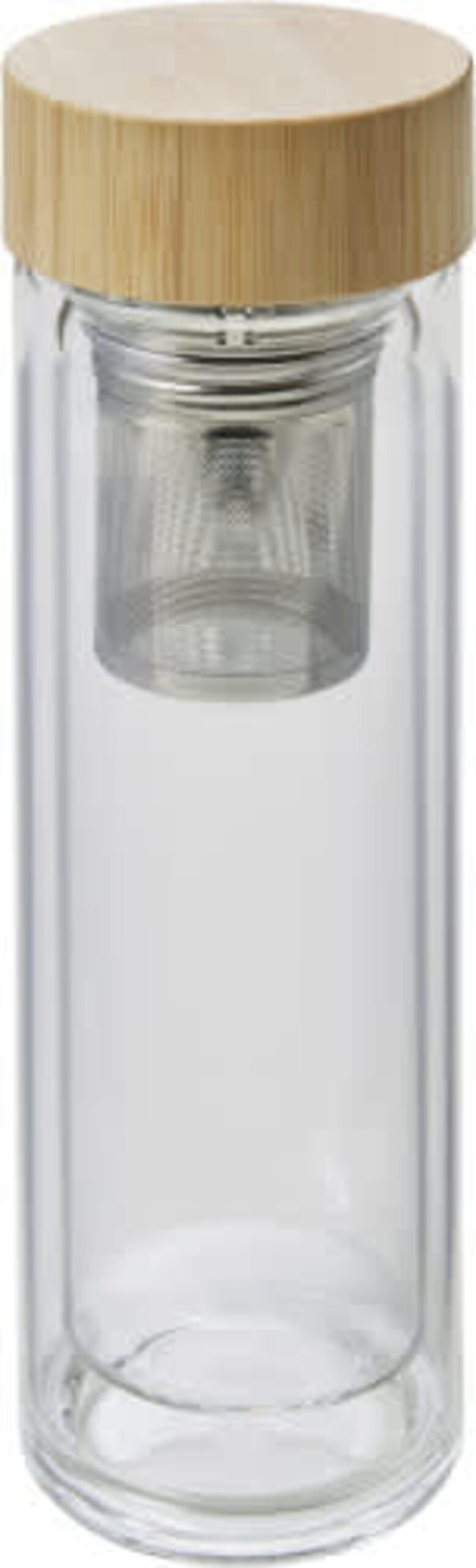 A clear glass tea infuser bottle with a bamboo lid. The bottle has a silver stainless steel infuser suspended inside, designed for steeping loose leaf tea.