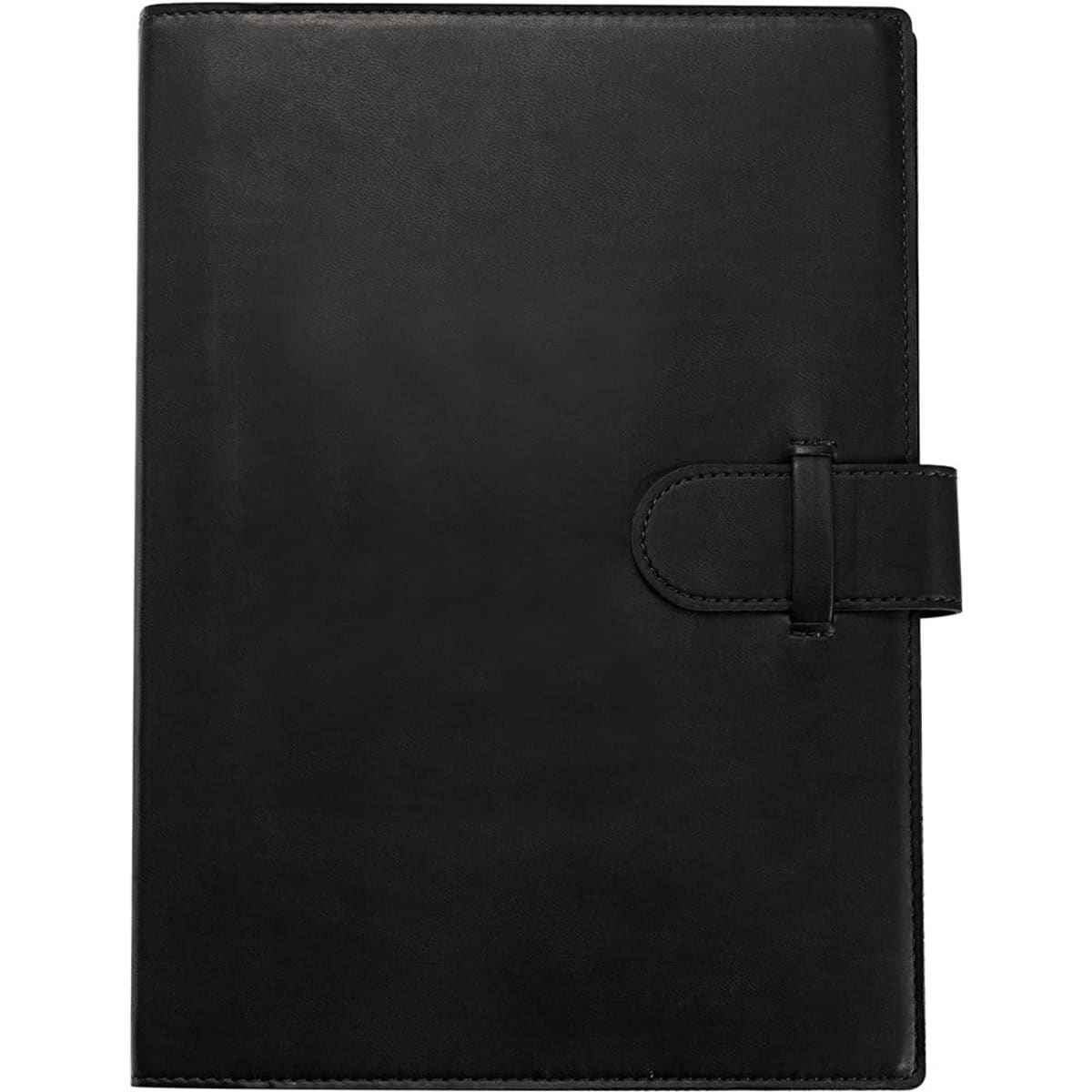 A closed black leather notebook with a strap closure on the right side, set against a plain white background.