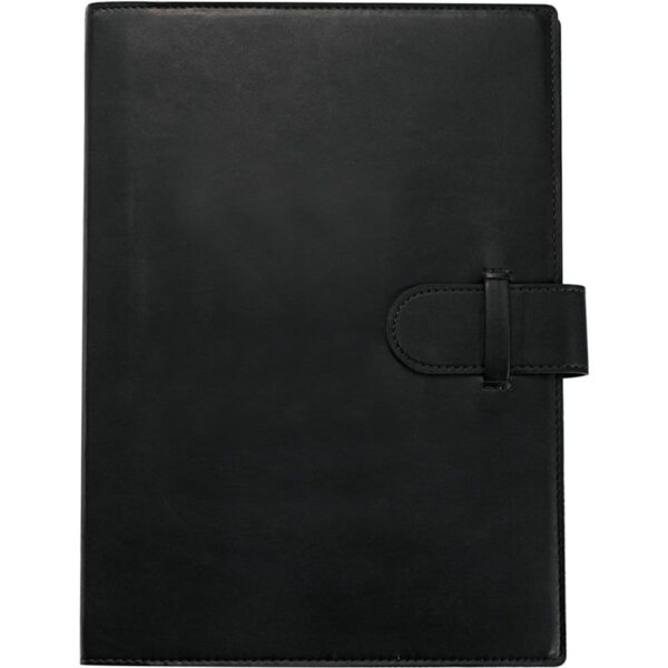 A closed, black leather notebook with a strap closure is centered against a plain white background.