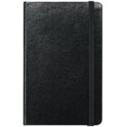 A closed black notebook with a textured cover and rounded edges. It features an elastic band wrapped vertically around the front cover.