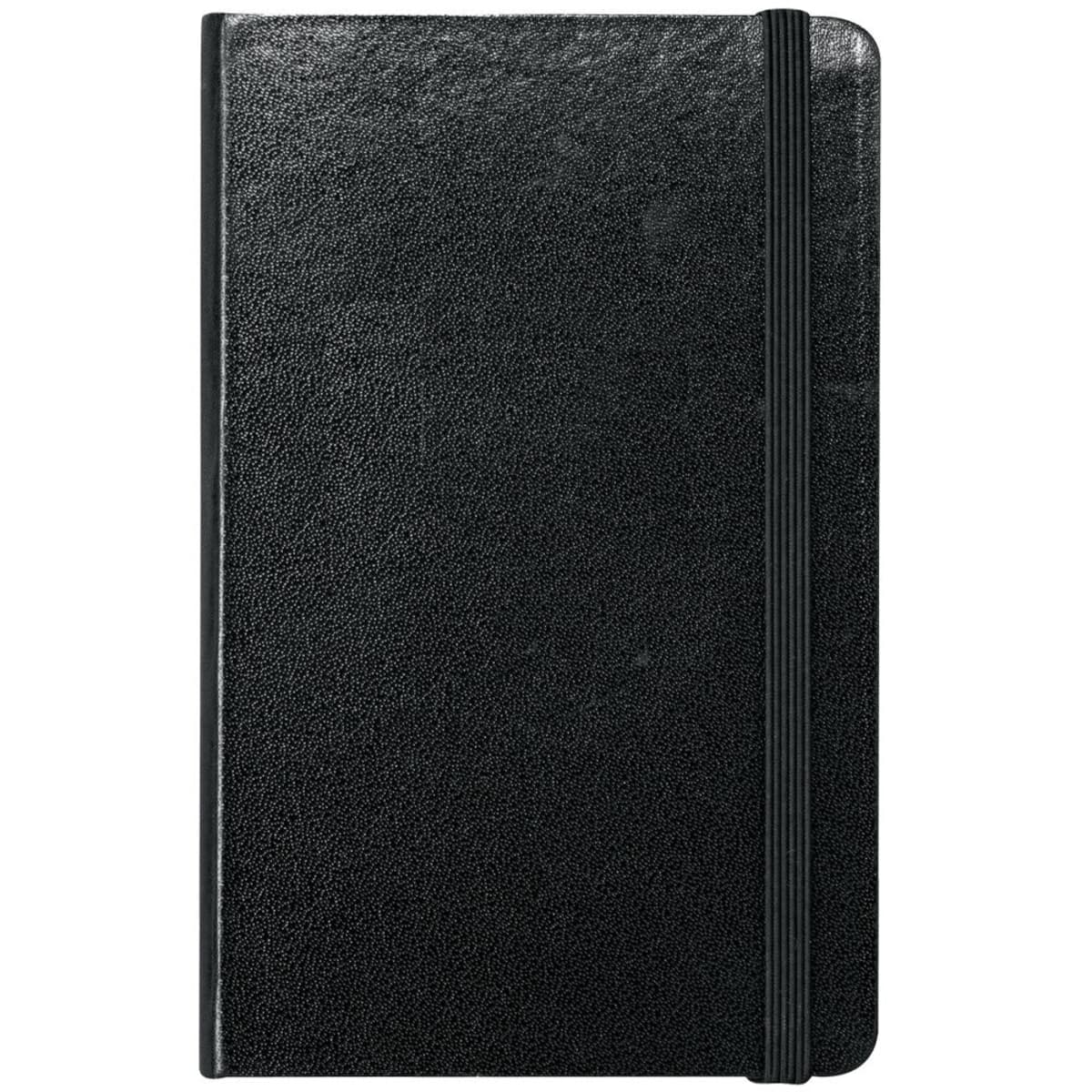A closed black notebook with a textured cover and rounded edges. It features an elastic band wrapped vertically around the front cover.
