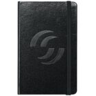 A black, textured notebook with a subtle embossed design on the cover. It has rounded edges and a black elastic band wrapped around the front for closure.