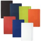 Seven closed notebooks with elastic straps in different colors: black, navy blue, lime green, orange, red, royal blue, and white, are arranged against a white background.