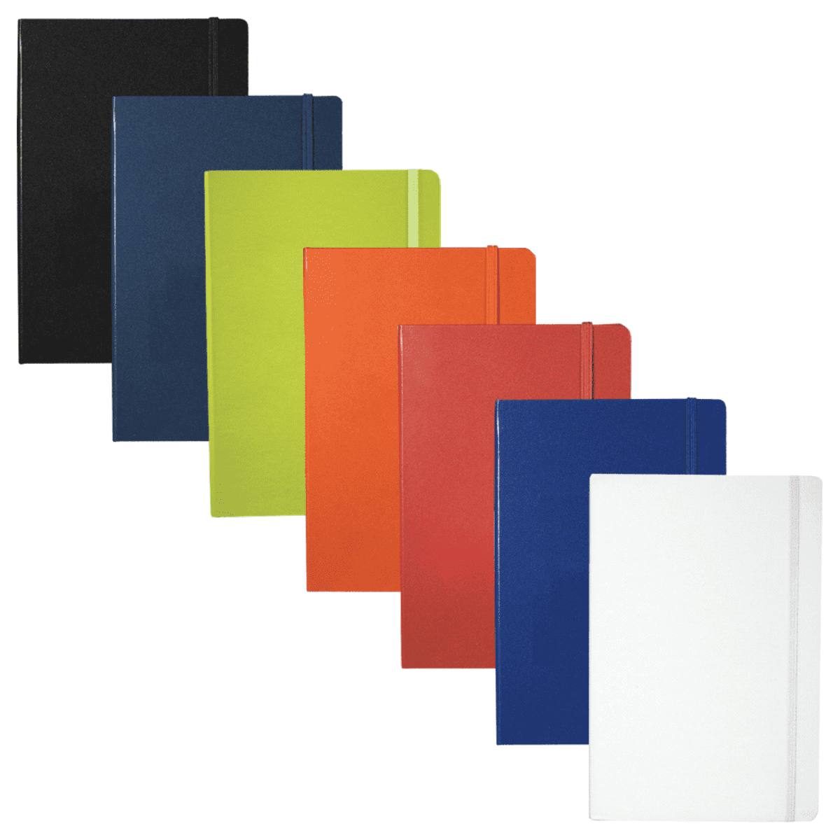 A row of seven closed notebooks, each a different color: black, blue, green, orange, red, dark blue, and white. They are arranged from left to right on a plain white background.