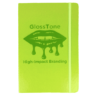 A bright green notebook with an elastic band. The cover features a logo of lips dripping with gloss above the text GlossTone and below it, High-Impact Branding.