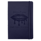 A navy blue notebook with GlossTone High-Impact Branding printed in black. The cover features an illustration of lips with dripping gloss. An elastic band is attached on the right side for closure.