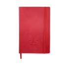 A vibrant red notebook with an embossed logo and the text COHESION on the cover. It features a red elastic closure band and a matching ribbon bookmark.