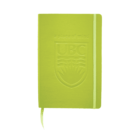 A lime green notebook featuring an embossed UBC logo with the text a place of mind above it. The notebook has an elastic band and a ribbon bookmark.