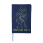 A dark blue notebook featuring the classic Morton Salt logo. The cover displays an illustration of a girl in a raincoat holding an umbrella with rain and salt pouring down. Morton Salt is printed in large letters at the bottom. A blue ribbon bookmark is attached.