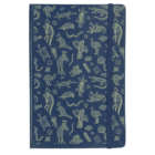 A navy blue notebook with light yellow illustrated designs of various animals, including kangaroos, emus, and turtles, evenly distributed across the cover. An elastic band for closure is attached to the right side.