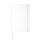 A closed, blank white notebook with an elastic band around it and a ribbon bookmark peeking out from the bottom against a white background.