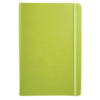 A closed lime green notebook with a textured cover and an elastic band on the right side.