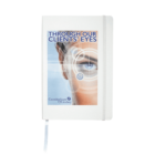 A white notebook with an elastic band. The cover features a partial face with an eye overlaying circular graphics. Text reads Through Our Clients Eyes and Cunningham Lindsey with a logo. A ribbon bookmark is visible.