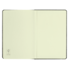 Open notebook with blank cream-colored pages. The left page features a small logo and text, indicating FSC certification, near the bottom. The notebook has a thin, black border visible on the edges.