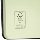 The image shows the corner of an open notebook page with an FSC logo. The text reads: FSC MIX Paper from responsible sources FSC® C160518. The page has a light cream color, and the logo includes a tree symbol.
