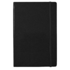 A closed, black hardcover notebook with a textured surface and an elastic band around the right edge.