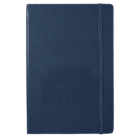 A closed, blue hardcover notebook with an elastic band on the right side. The cover is plain with a textured surface.