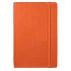 An orange notebook with a simple cover and an elastic band closure, placed against a white background.