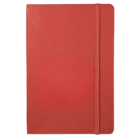 A red hardcover notebook with a textured finish and rounded corners. It is secured by a matching red elastic band running vertically down the right side.