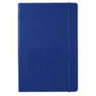 A closed blue notebook with a textured cover and an elastic band running vertically along the right edge.