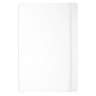 A blank white notebook with a thick cover and a matching elastic band is displayed, slightly angled to the right. The minimalist design emphasizes simplicity and functionality, with no visible markings or text.