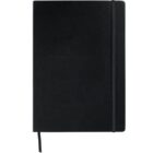A black notebook with a hardcover and an elastic band closure. A ribbon bookmark is attached, visible at the bottom. The notebook is closed and laid flat against a white background.