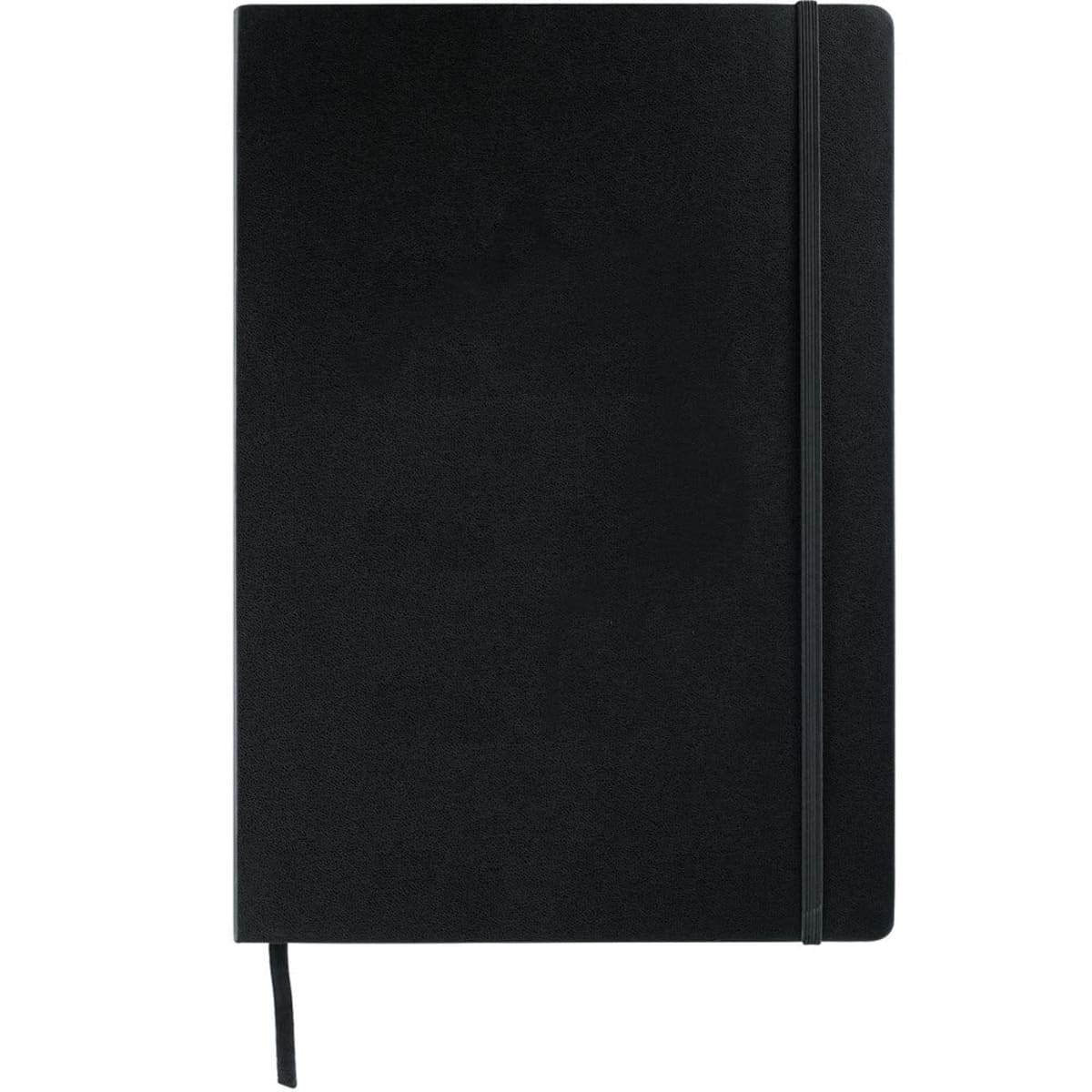 A black notebook with a hardcover and an elastic band closure. A ribbon bookmark is attached, visible at the bottom. The notebook is closed and laid flat against a white background.