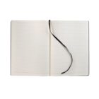 An open blank notebook with lined pages and a black ribbon bookmark in the center. The notebook is laid out on a plain white background.