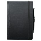 A closed black notebook with stitched detailing and an elastic band on the right side holding a pen. The cover has a textured appearance.