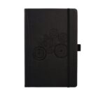 Black notebook with an embossed design of interconnected gears on the cover. It has an elastic closure and a pen loop on the side.