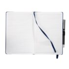 An open lined notebook with a blue ribbon bookmark lying across the pages. A pen is attached to the right side of the notebook. The notebook is set against a plain white background.