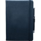 A closed black leather notebook with a textured diagonal strip on the left side. It has an elastic band closure and a pen attached to the right side. The pen is silver and black. The background is white.