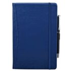 A closed blue notebook with a stitched design on the left side. It has an elastic band for closure and a pen loop on the right, holding a black and silver pen.