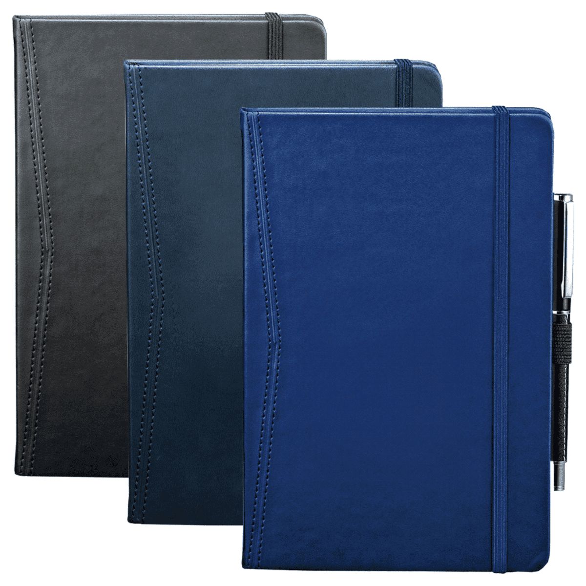 Three leather-bound notebooks in black, dark blue, and blue are standing upright side by side. Each has an elastic band for closure, with a silver pen attached to the rightmost blue notebook.
