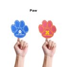 Two hands are holding cutouts shaped like animal paws against a white background. The left paw is blue with a white logo design, and the right paw is red with a yellow logo design. The word Paw is written above.