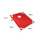 Red elevated pet bed with white frame, featuring a circular cutout in the center. Dimensions are marked as 59cm width, 52cm depth, and 17cm height.