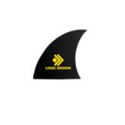 A black fin-shaped object featuring a yellow logo with two right-facing arrows above the words LOGO DESIGN. The background is plain white.