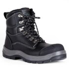 Black lace-up work boot with reinforced toe and thick sole on a white background.
