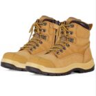 Pair of tan work boots with yellow laces and black soles on a white background.