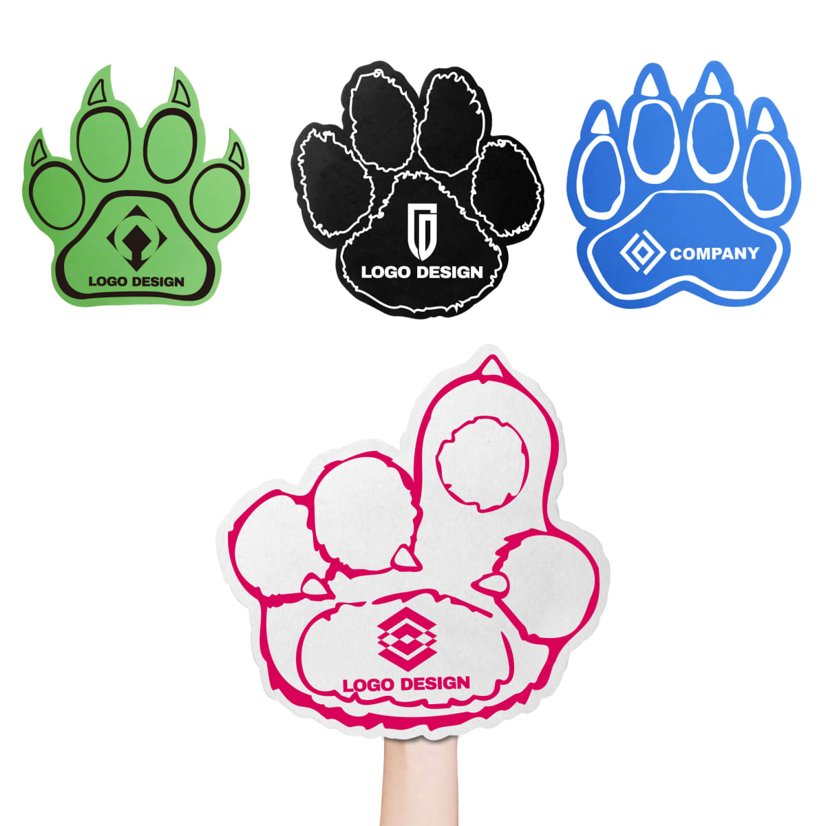 Four paw-shaped signs with logos: green, black, blue, and a large pink one held up by a hand. Each sign displays a different logo design within the paw shape. The pink sign is in the foreground.