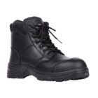 Black leather work boot with laces and a thick rubber sole, viewed from the side.