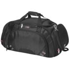 Black duffel bag with handles, zipper pockets, and a detachable shoulder strap.
