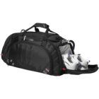 Black duffel bag with a side compartment open, showing a pair of white sneakers inside.