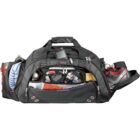 Black gym bag open with shoes, towel, water bottle, and various sports gear inside.