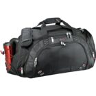 Black duffel bag with red-trimmed zippers and a red travel mug in a side pocket.