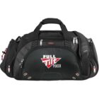 Black duffel bag with Full Tilt Poker logo and multiple zippered pockets.